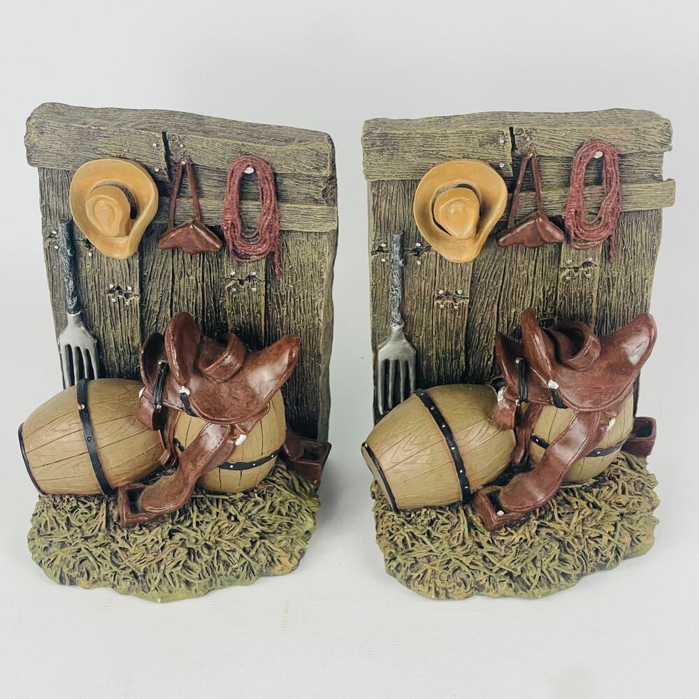 Western Cowboy Resin Bookends Saddle Barrell Heavy 5 5/8" H